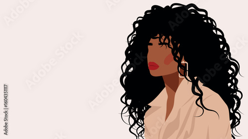 Stylish faceless portrait of a afro woman with voluminous curly hair and red lips. Modern minimal vector for beauty, fashion, identity, or lifestyle projects. Elegant and versatile design.