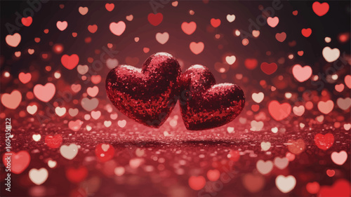 Two Glittering Red Hearts Surrounded by Bokeh Hearts and Sparkles love valentine