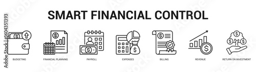 Smart Financial Control Modern and clean web banner illustration featuring thematic icons for visual communication