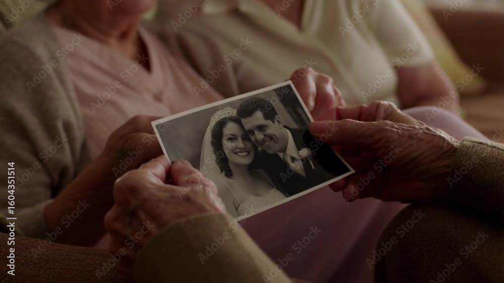 Elderly hands holding black-and-white photo of young couple with nostalgic expression
Concept of memory, love and time passing