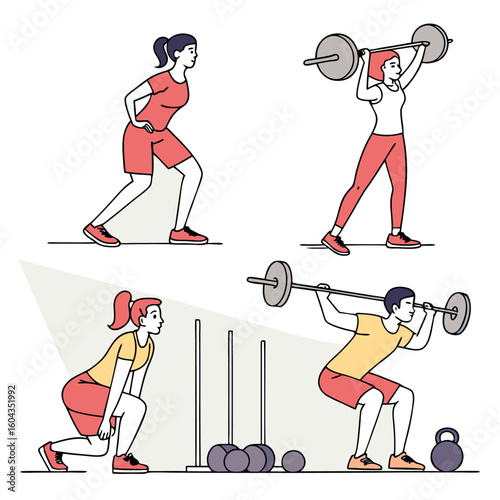 Diverse group of people engaged in various weightlifting and fitness exercises demonstrating strength training and active healthy lifestyles in a clean modern illustration style