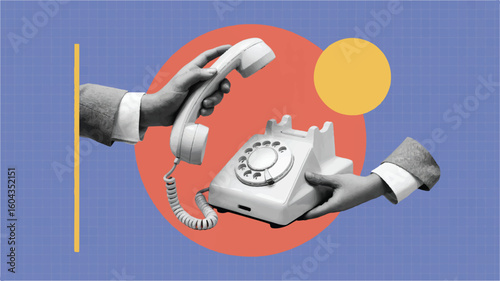 Two hands exchanging a vintage rotary telephone receiver and base on a blue grid background with red and yellow circles