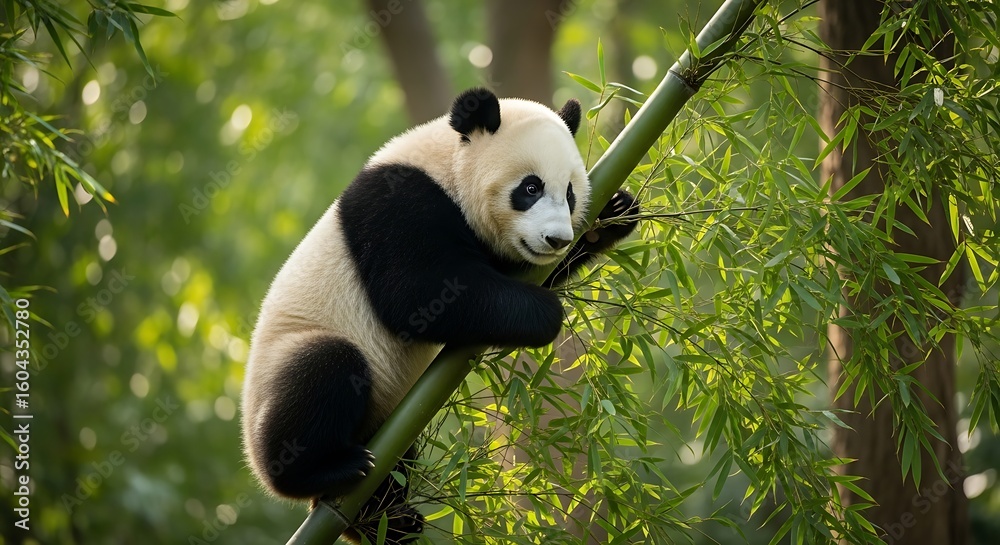 Fototapeta premium Panda resting on a bamboo stalk in a lush forest.