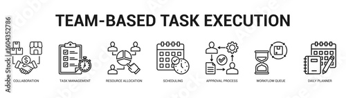 TeamBased Task Execution Modern and clean web banner illustration featuring thematic icons for visual communication