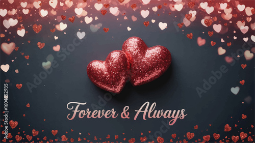 Two red glitter hearts with romantic text and scattered heart confetti love valentine