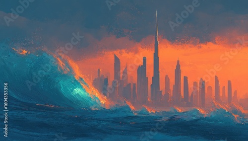 Vast city skyline, enveloped by stormy waves at sunset