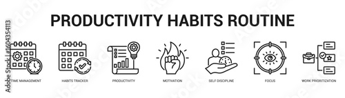 Productivity Habits Routine Modern and clean web banner illustration featuring thematic icons for visual communication