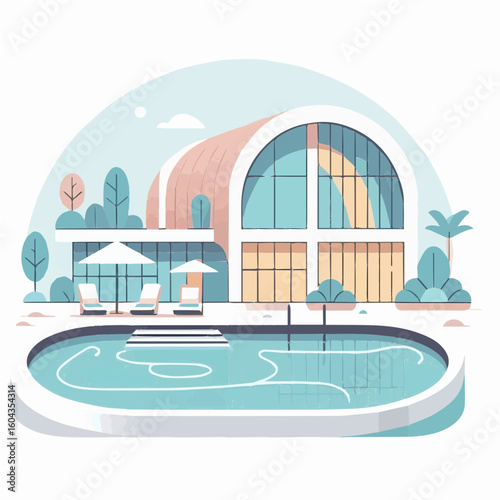 Vector cartoon of small modern hotel with a swimming pool