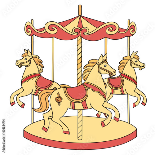A colorful carousel with horses offers children a fun, classic amusement park ride