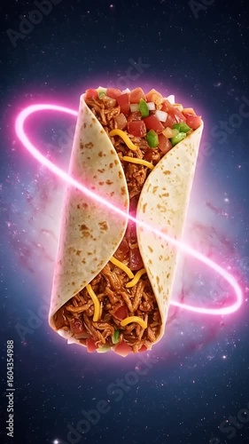 A delicious burrito filled with meat, cheese, and vegetables, set against a cosmic background