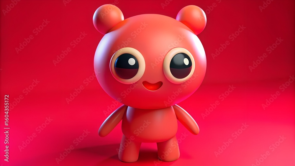 Fototapeta premium Glossy red 3D character with round ears, large eyes, and a happy face, standing on a vivid red background in playful style.