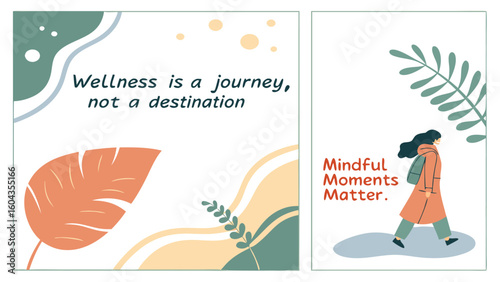 Two wellness themed images featuring abstract shapes, leaves and motivational quotes on white backgrounds