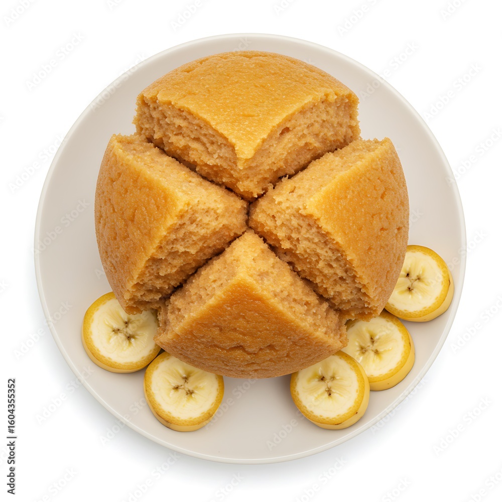 steamed thai banana cake, top view layout with natural prop shadows ,isolated on white background steamed thai banana cake, top view layout with natural prop shadows ,isolated on white background