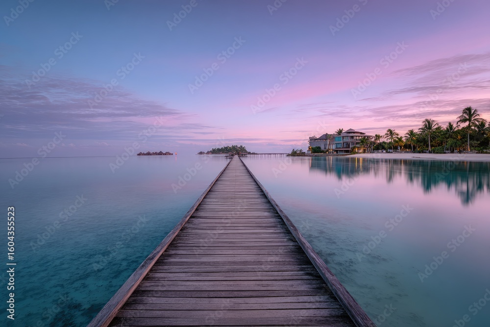 Obraz premium Serene wooden pier extending into tranquil water at sunrise