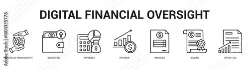 Digital Financial Oversight Modern and clean web banner illustration featuring thematic icons for visual communication