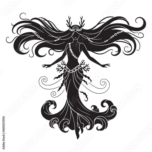 Recognizable Amphitrite digital black vector, representing the wife of Poseidon's unforgettable appearance – Amphitrite silhouette – Amphitrite Vector – Silhouette of Amphitrite – Greek goddess vector