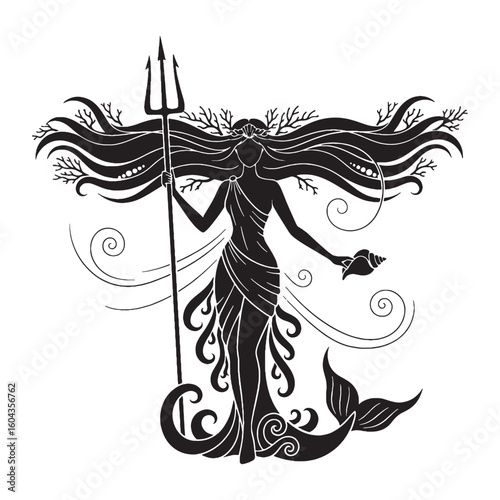 Serene Amphitrite black vector graphic, reflecting her calm and majestic temperament – Amphitrite silhouette – Amphitrite Vector – Silhouette of Amphitrite – Greek goddess silhouette

