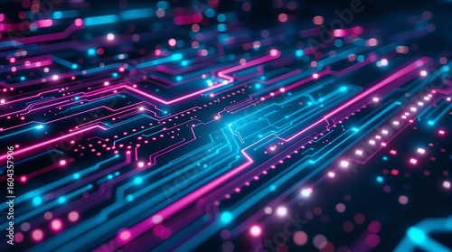 Abstract technology background with neon pink and blue circuit board lines and glowing dots