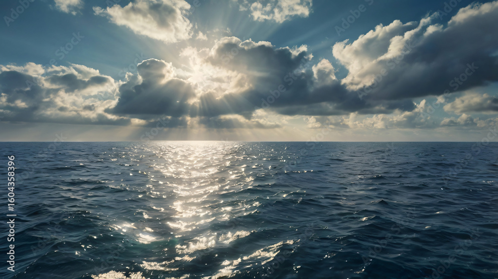 Fototapeta premium Heavenly Sun Rays Piercing Clouds Over the Ocean