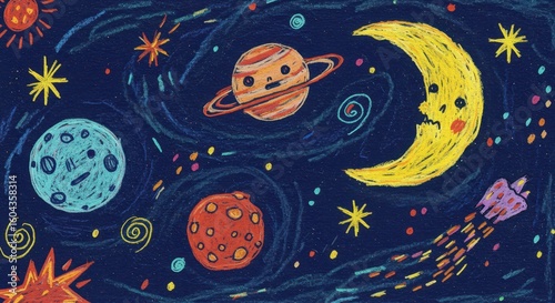 Colorful Hand Drawn Space Elements – Planets, Stars, Meteors and Constellations on Dark Background