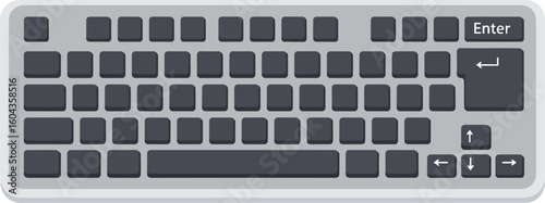 A top view of a computer keyboard with gray keys and a white frame on a white background surface area