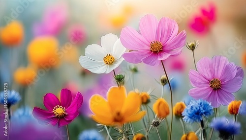 Vibrant Cosmos Flowers in Full Bloom Under a Bright Blue Sky in a Serene Summer Garden Landscape