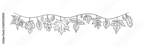 A garland of hanging assorted fall leaves. Black and white sketch illustration is hand drawn. Perfect for banners and horizontal elements.