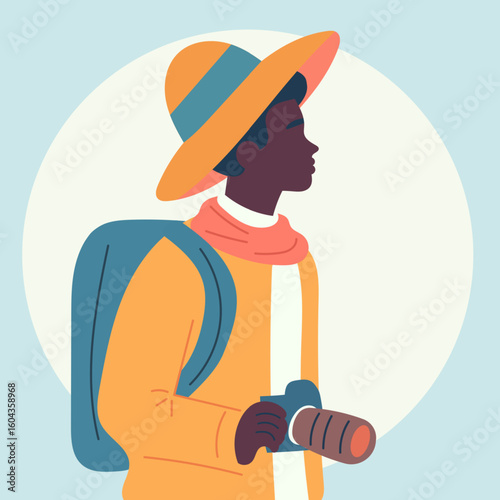 Black male traveler with camera standing in sunlight, flat color illustration