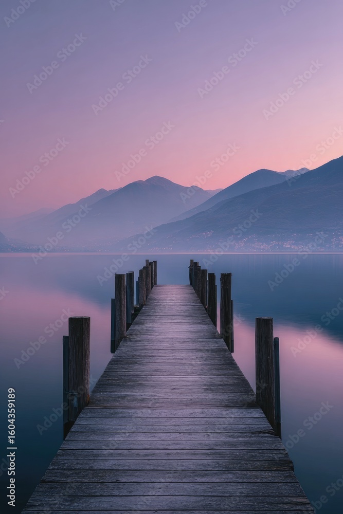 Obraz premium Tranquil wooden dock extends into a serene lake at dawn, misty mountains in the background