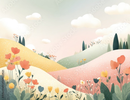Pastel hills with wildflowers and clouds