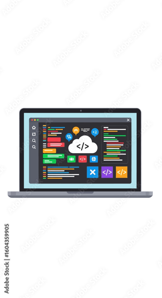 Fototapeta premium Laptop displaying a coding interface, showcasing software development tools and cloud computing.