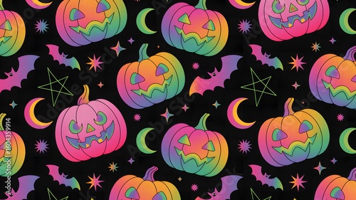 Vibrant rainbow colored halloween pumpkins with bats and moons on a dark background seamless pattern