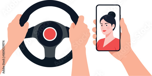 Illustration of hands holding steering wheel and smartphone with woman on video call during driving