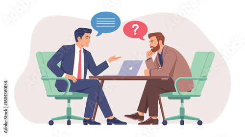 Business meeting illustration with two men in suits, one asking a question and the other explaining, symbolizing communication and teamwork