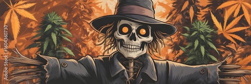 Spooky skeleton scarecrow with glowing eyes holding cannabis plants in a field of marijuana leaves