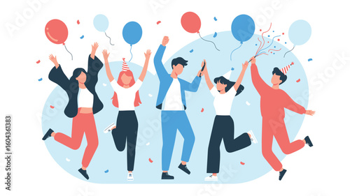 Cheerful group birthday celebration with five people jumping in joy, colorful balloons, confetti, and streamers on light blue background