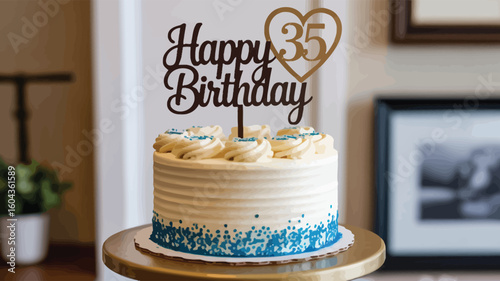  Elegant 35th birthday cake with white frosting, blue sprinkles, gold stand, and decorative “Happy Birthday” text with heart-shaped 35 topper