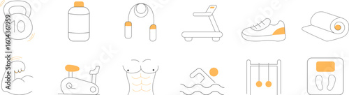 Minimal Fitness and Gym Icon Set on Transparent Background 