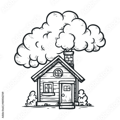 Cozy cottage with smoke coming from chimney in a quaint setting