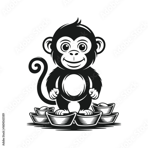 Adorable black monkey standing on golden ingots animal cute