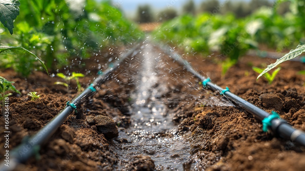 Fototapeta premium A close-up view of an irrigation system spraying water over rows of crops, creating a refreshing and lush atmosphere.