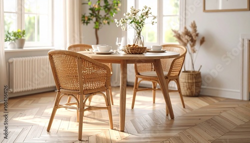 Light oak cane back dining chair on herringbone wood floor, paired with a round table in a neutral-toned breakfast nook