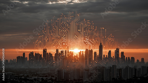 Modern skyline transforms into a digital innovation landscape at sunset