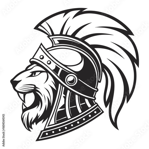 Vector icon of a helmet merging Spartan and lion features the faceguard styled like Spartan armor with lion eyes and mouth above, symmetrical stylized for emblem or tattoo bold outlines