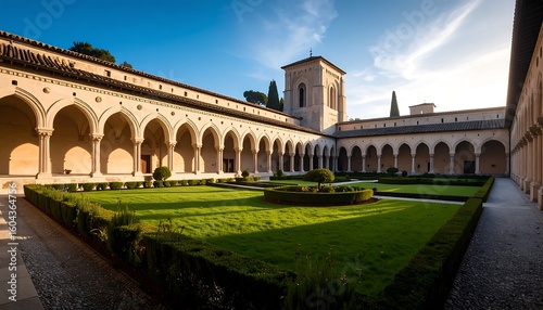 Sunny cloistered courtyard, arches, and greenery