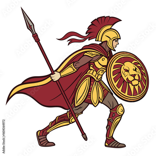 Vector illustration of a fierce female Spartan in battle armor wearing a lion-themed helmet flowing hair and cape holding a spear and round shield detailed armor plating and lion face crown dynamic