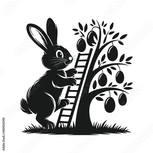 Black rabbit climbing ladder to plum tree bunny
