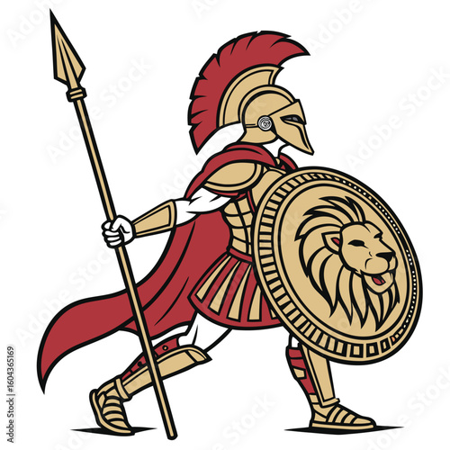 Vector illustration of a Spartan warrior in full armor wearing a majestic lion-shaped helmet the lion’s face forming the helmet crest with its mane flowing backward powerful front-facing pose 