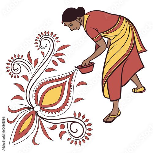 Vector rangoli design created freehand with curved floral borders paisleys and diya shapes naturally imbalanced layout representing folk-style art vivid festive colors and traditional Indian aesthetic
