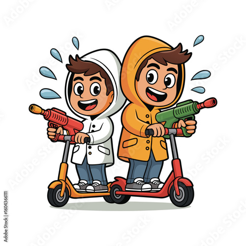 Boys with water guns on scooters raincoats playing